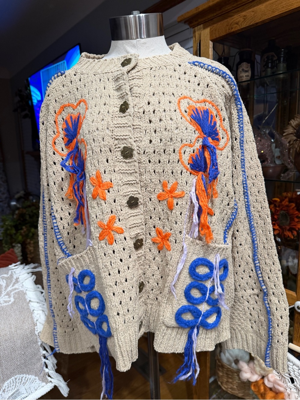 POL Cream Crochet Cardigan with Blue and Orange Embroidery